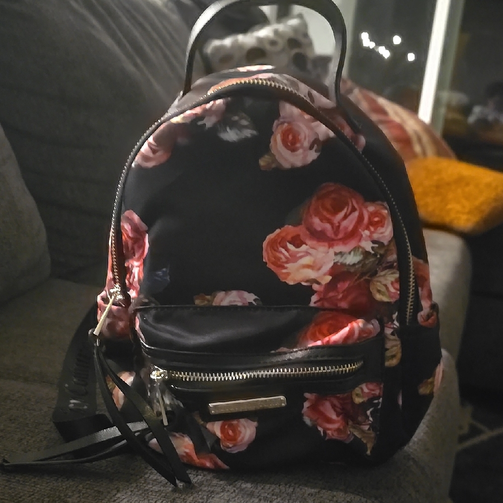 Juicy Couture Black Mini Backpack with Pink Rose Print